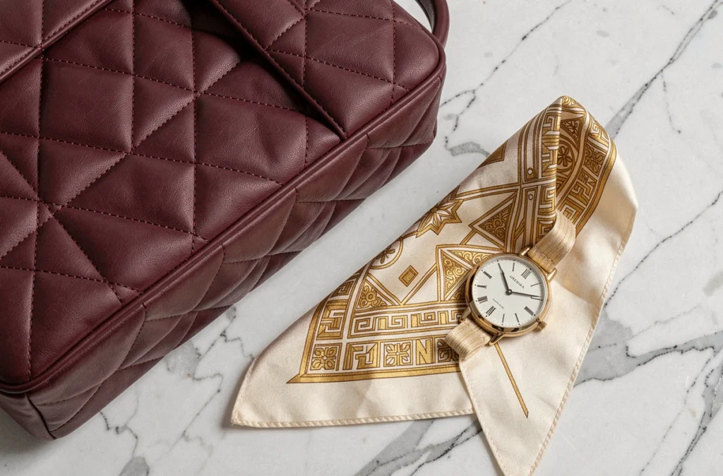 Arrangement d'accessoires de luxe sur marbre blanc, sac en cuir bordeaux, foulard en soie et montre dorée, tendances marques luxe 2026