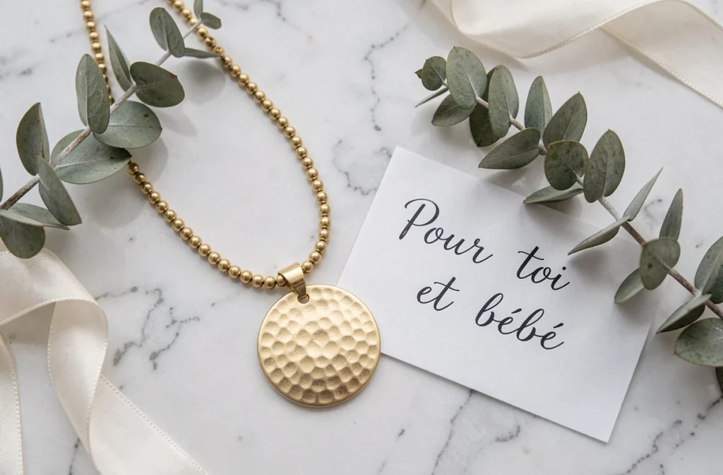 Bola de grossesse en or brossé posé sur marbre blanc avec eucalyptus séché et carte cadeau manuscrite, vue de dessus