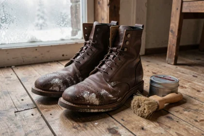 Bottes en cuir gras avec traces de sel sur le bout et le bas de la tige, posées sur un plancher en bois rustique avec une brosse et un baume d'entretien