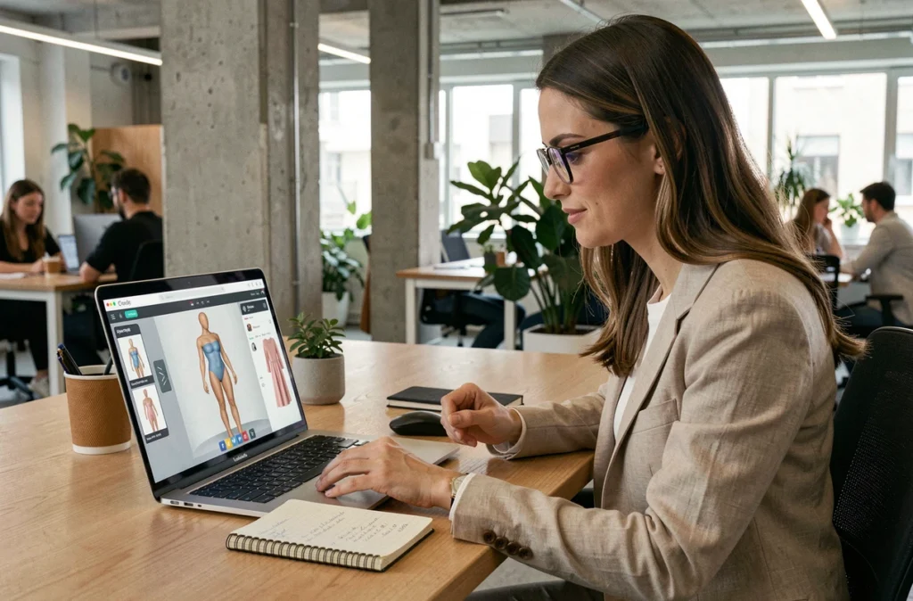 Femme consultant une interface de cabine d'essayage virtuelle avec mensurations notées pour choisir ses vêtements en ligne