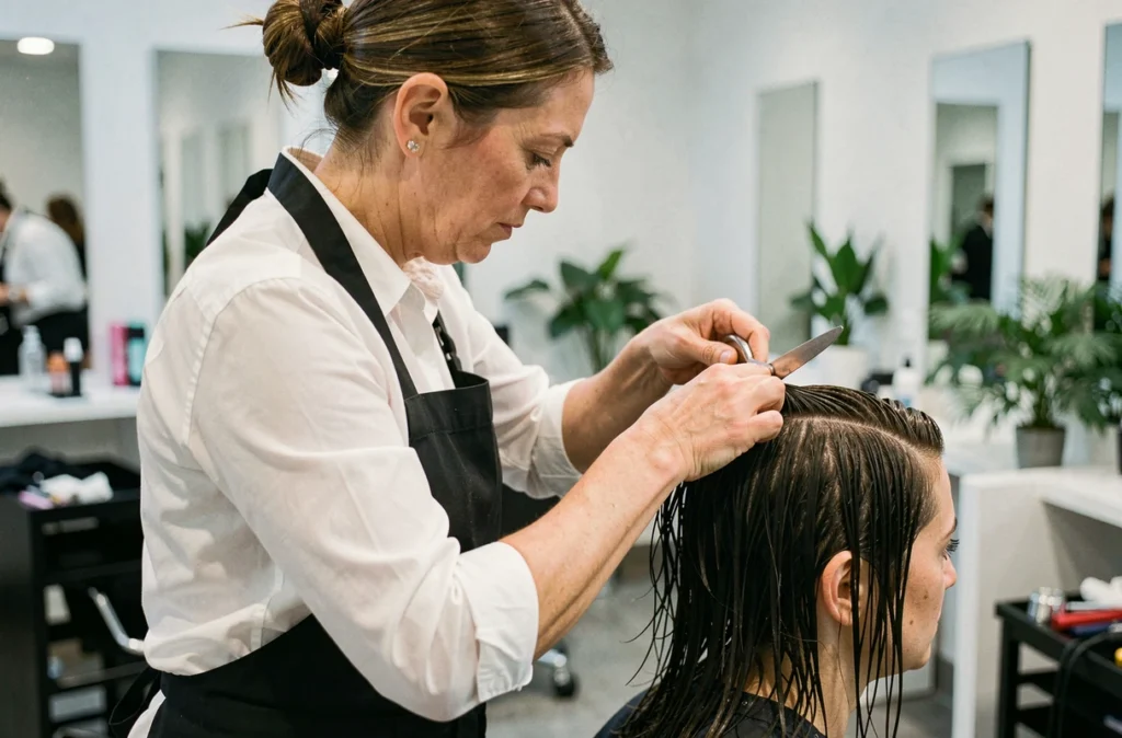 Coiffeuse professionnelle réalisant une coupe couronne précise sur les cheveux d'une cliente en salon