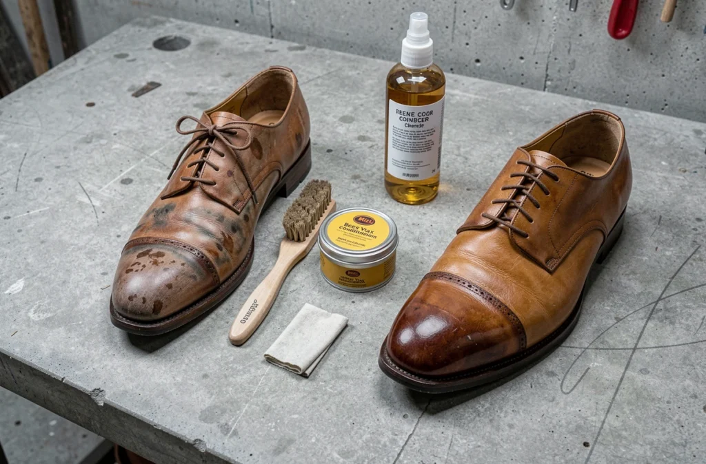 Comparaison de deux Oxford en cuir gras, l'un taché par l'humidité et le sel, l'autre restauré, entourés de produits d'entretien sur un établi en béton