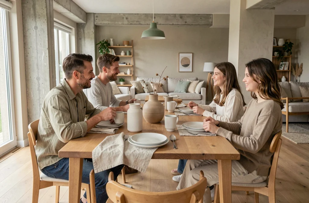 Famille réunie autour d'une table décorée d'accessoires Zara Home, ambiance intérieur contemporain chaleureux
