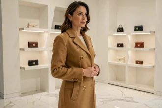 Femme élégante dans une boutique de luxe portant un manteau camel structuré avec accessoires dorés, tendances mode luxe 2026