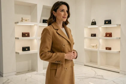 Femme élégante dans une boutique de luxe portant un manteau camel structuré avec accessoires dorés, tendances mode luxe 2026