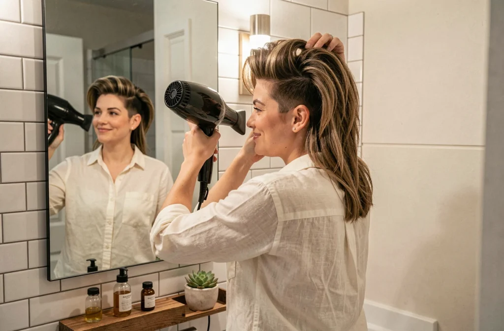 Jeune femme coiffant sa nouvelle coupe couronne devant le miroir de sa salle de bain à la maison