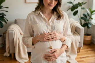 Femme enceinte tenant un bola de grossesse doré contre son ventre dans un intérieur scandinave chaleureux