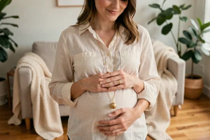 Femme enceinte tenant un bola de grossesse doré contre son ventre dans un intérieur scandinave chaleureux
