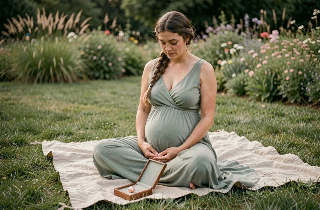 Femme enceinte en robe verte découvrant un bola de grossesse en or rose dans un écrin, assise dans un parc fleuri