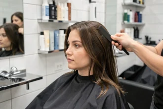 Femme en salon de coiffure avant sa transformation vers une coupe couronne, regardant son reflet dans le miroir