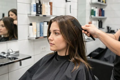 Femme en salon de coiffure avant sa transformation vers une coupe couronne, regardant son reflet dans le miroir
