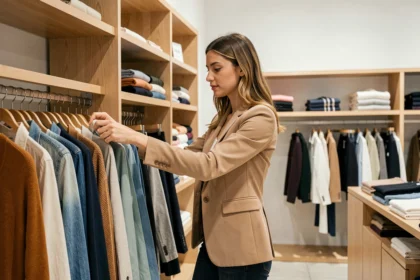 Femme parcourant un rayon de vêtements Zara en magasin, blazer beige et jeans slim, ambiance boutique moderne
