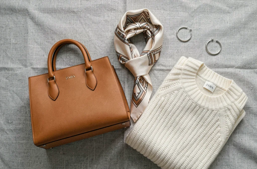 Flat lay d'accessoires Zara disposés sur lin gris : sac camel, foulard, boucles d'oreilles et pull en maille crème
