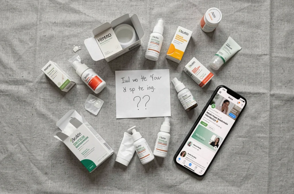 Flat lay de produits Leonie and Co déballés avec avis négatif sur smartphone et notes manuscrites