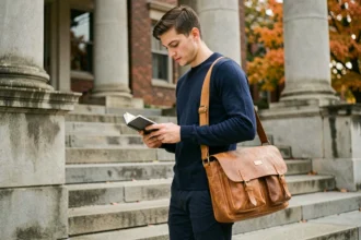 Étudiant portant une grande sacoche homme en cuir sur les escaliers d'un campus universitaire en automne