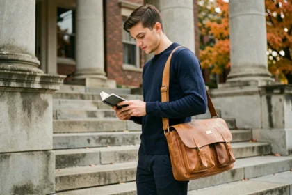 Étudiant portant une grande sacoche homme en cuir sur les escaliers d'un campus universitaire en automne