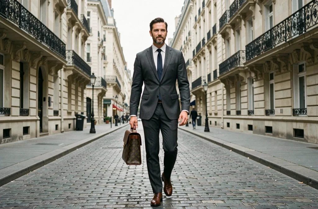 Homme d'affaires élégant marchant dans une rue parisienne avec mallette en cuir monogrammée, style luxe masculin tendances 2026
