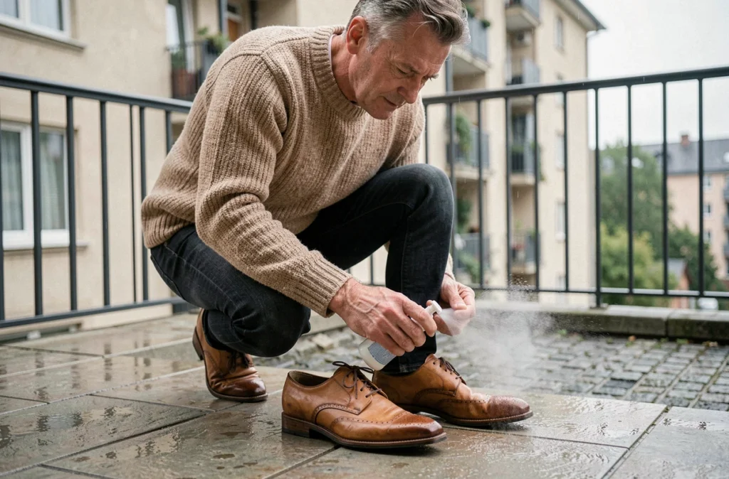 Homme appliquant un spray imperméabilisant sur des derbies en cuir gras sur un balcon urbain humide