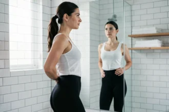 Femme portant un legging minceur noir gainant devant un miroir de salle de bain, évaluant l'effet ventre plat et silhouette affinée