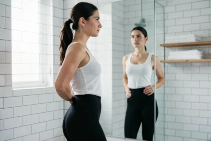 Femme portant un legging minceur noir gainant devant un miroir de salle de bain, évaluant l'effet ventre plat et silhouette affinée