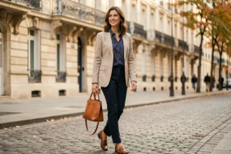 Femme parisienne élégante en blazer beige et sac en cuir camel dans une rue pavée de Paris, style Johanna Paris