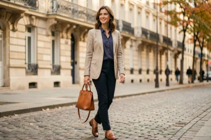 Femme parisienne élégante en blazer beige et sac en cuir camel dans une rue pavée de Paris, style Johanna Paris