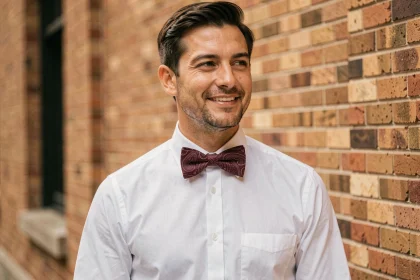 Homme élégant portant un nœud papillon bordeaux à motif paisley, style éditorial urbain