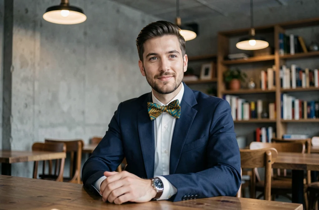 Homme assis en costume bleu marine avec nœud papillon géométrique coloré dans un café moderne