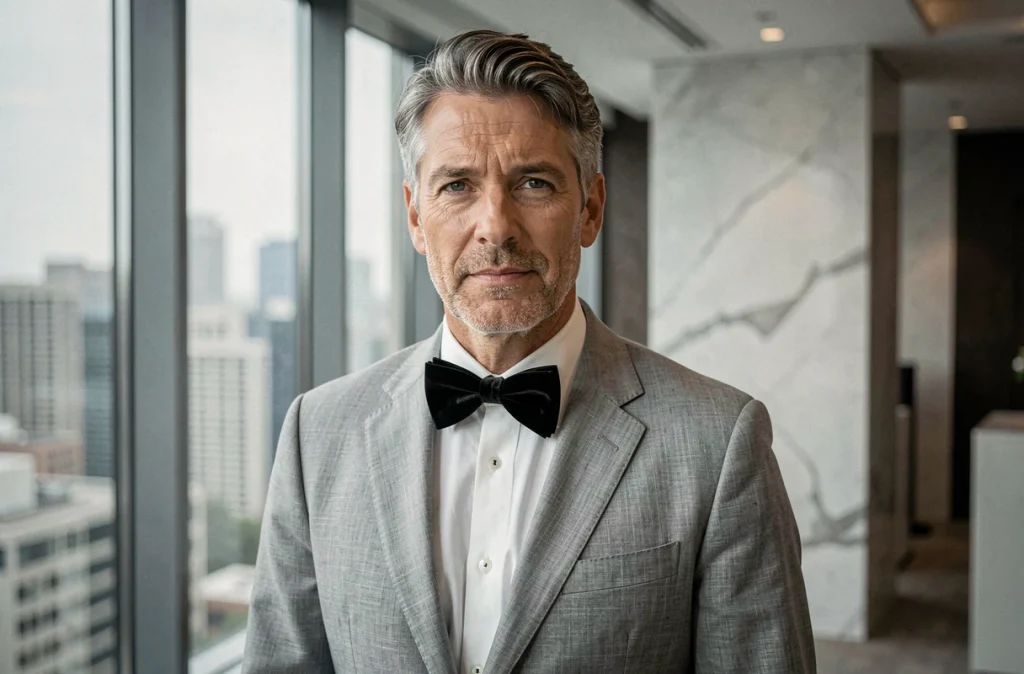 Portrait d'un homme mature en blazer lin gris avec nœud papillon en velours noir, ambiance luxueuse