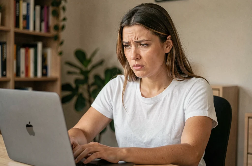 Femme rédigeant un avis négatif sur Leonie and Co depuis son bureau à domicile, air concentré et déçu
