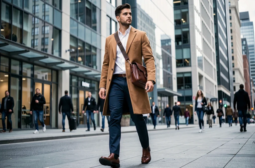 Jeune homme élégant portant une grande sacoche en cuir marron en ville, look soigné d'étudiant urbain