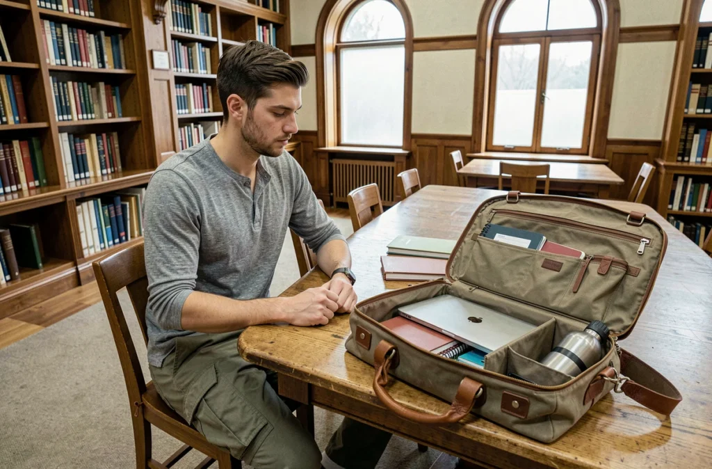 Étudiant avec une grande sacoche ouverte à la bibliothèque universitaire montrant sa capacité de rangement