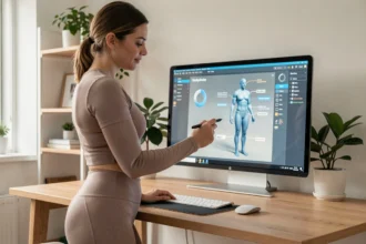 Femme utilisant une tablette pour créer sa silhouette virtuelle avec des mensurations affichées sur un avatar 3D