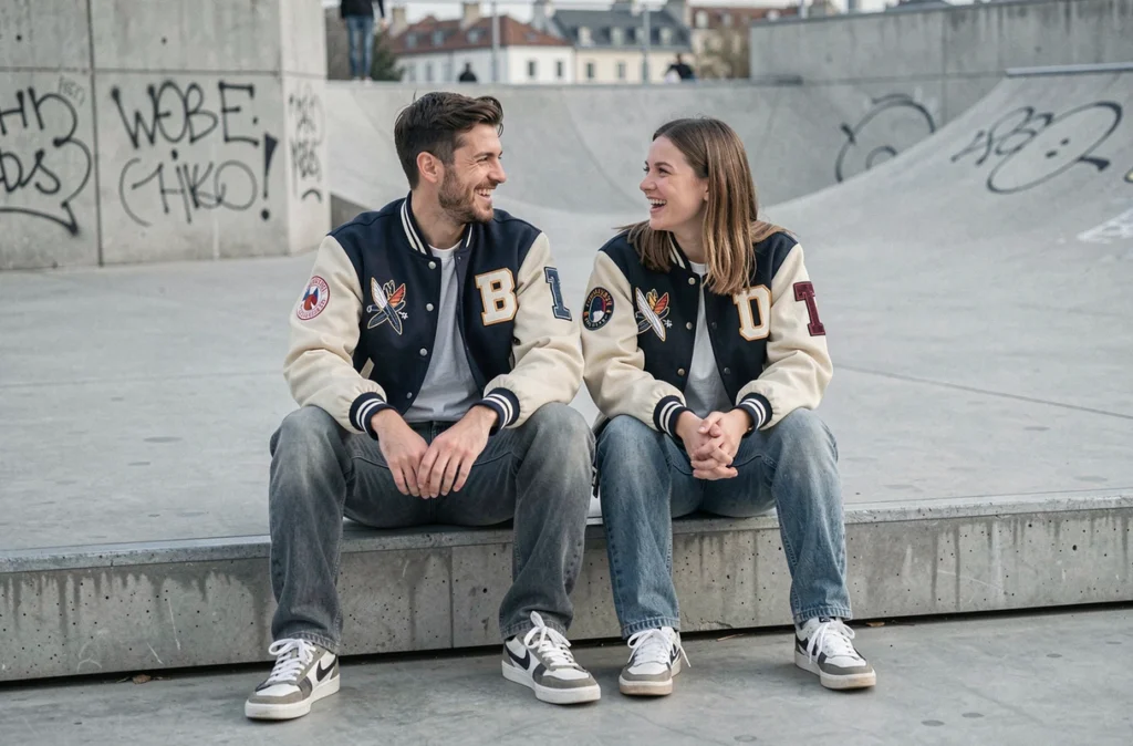 Deux amis en vestes varsity streetwear français assis sur des marches en béton à Lyon