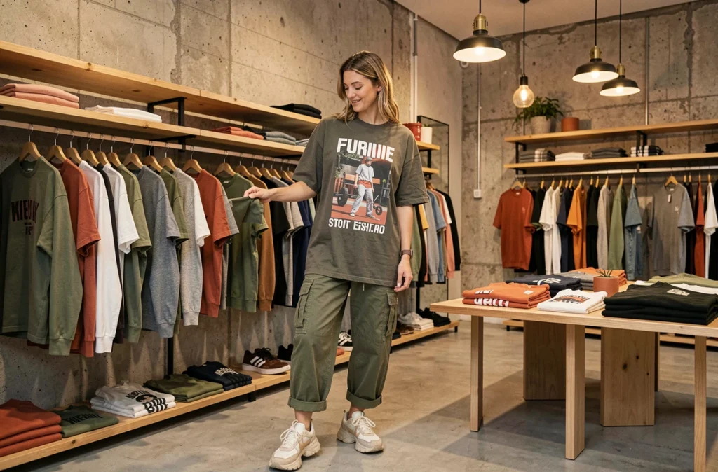Femme en streetwear français dans une boutique concept store du Marais à Paris