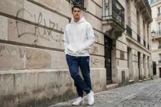 Jeune homme parisien en streetwear français devant une façade haussmannienne en pierre