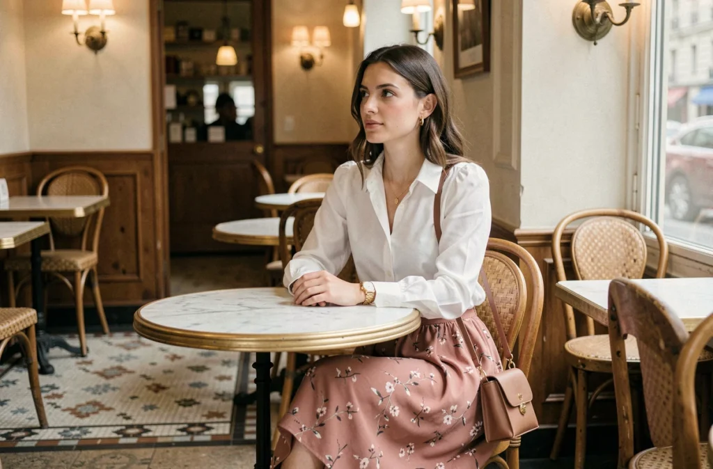 Jeune femme parisienne en jupe midi rose et blouse blanche dans un café parisien, tenue féminine style eshop Johanna Paris