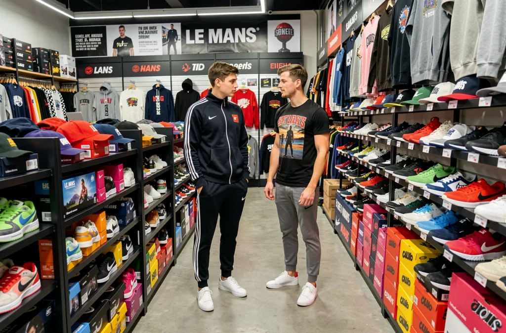 Deux jeunes hommes explorant le large choix de marques streetwear dans la boutique 100% Des Marques au Mans