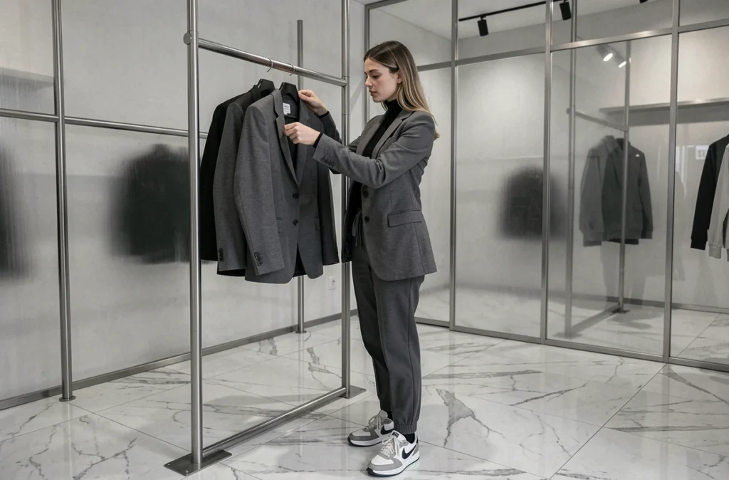 Jeune femme examinant une pièce streetwear haut de gamme dans la boutique À Côté à Tours