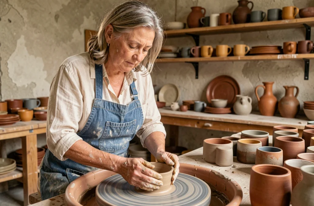 Artisane céramiste en Touraine façonnant un bol sur un tour de potier dans son atelier-boutique aux murs en plâtre brut