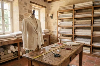 Atelier de tailleur sur mesure en Provence avec tissus, mannequin et outils de couture sur une table en chêne