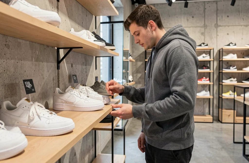 Jeune homme examinant des sneakers en édition limitée dans la boutique Biotope spécialisée streetwear et sneakers à Angers
