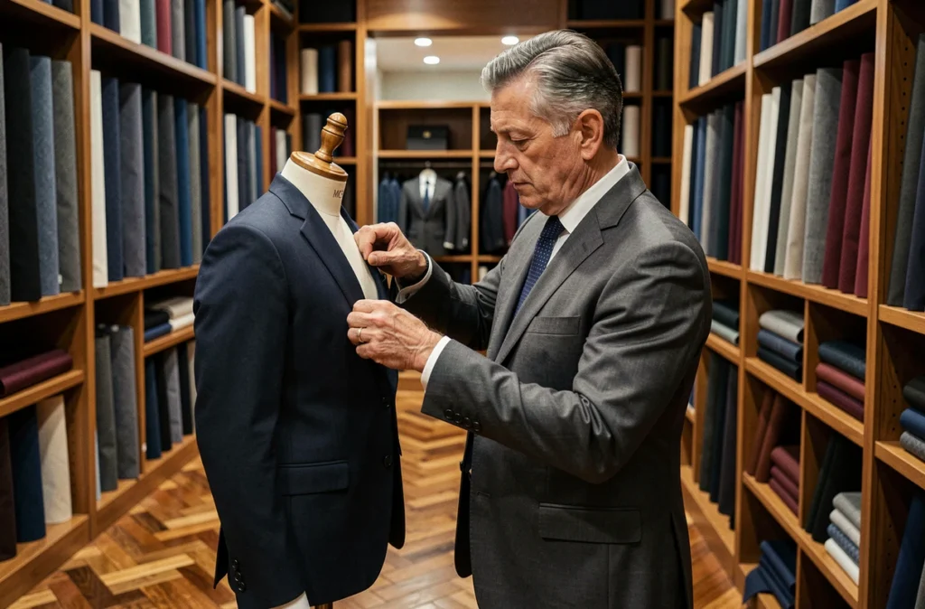 Tailleur élégant épinglant un veston en laine marine sur un mannequin dans une boutique raffinée de Nice