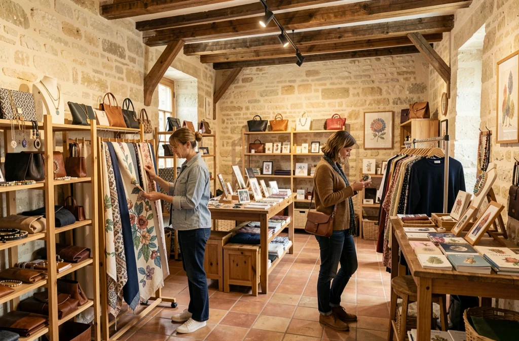 Boutique collective de créateurs à Bourges avec stands artisanaux de bijoux, textiles et maroquinerie dans un espace en pierre médiévale