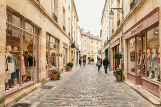 Rue commerçante de boutiques de créateurs en Centre-Val de Loire avec façades en tuffeau et vitrines artisanales