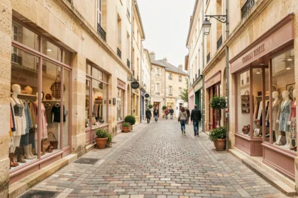 Rue commerçante de boutiques de créateurs en Centre-Val de Loire avec façades en tuffeau et vitrines artisanales