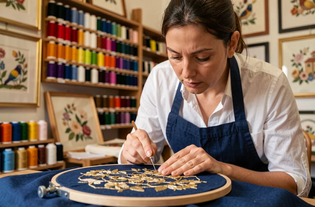 Brodeuse travaillant un motif au fil d'or sur tissu cobalt dans un atelier de broderie traditionnel à Marseille