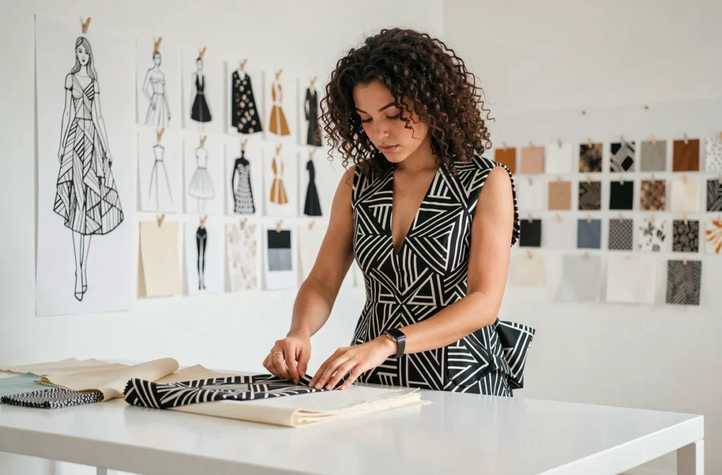 Créatrice en robe géométrique arrangant des échantillons sur une table blanche dans un studio minimaliste d'Aix-en-Provence