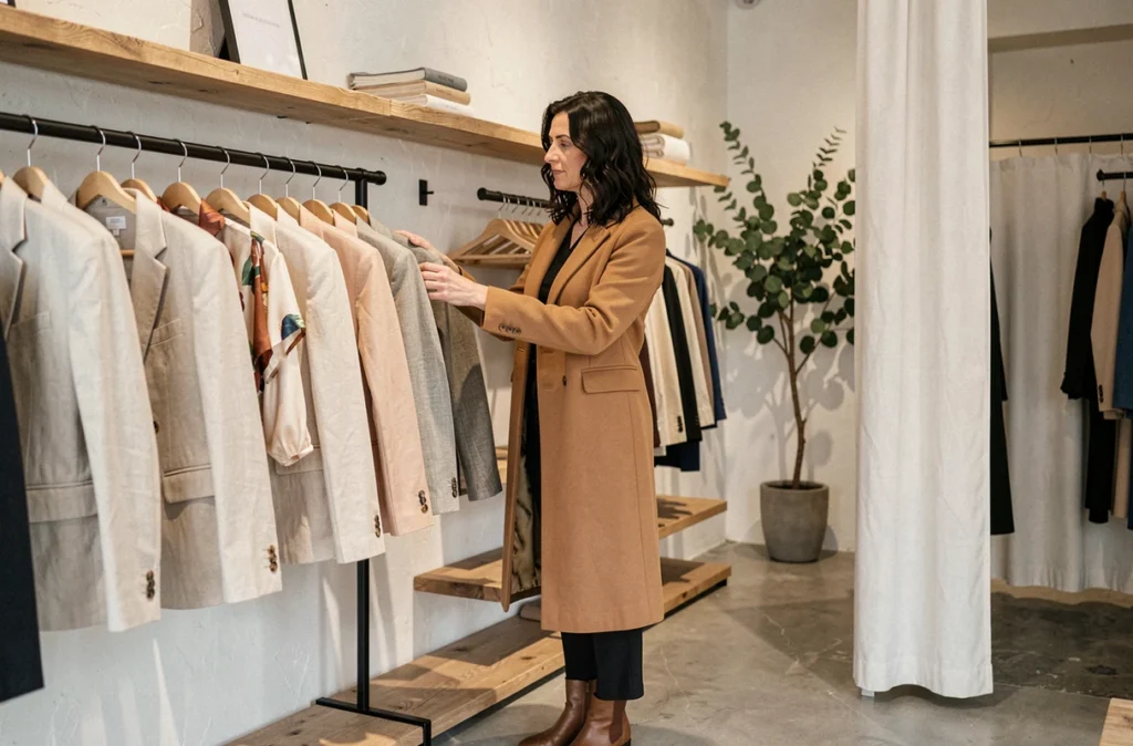 Intérieur d'un concept-store de mode féminine à Tours avec une cliente parcourant des vêtements de créateurs sur des étagères en chêne