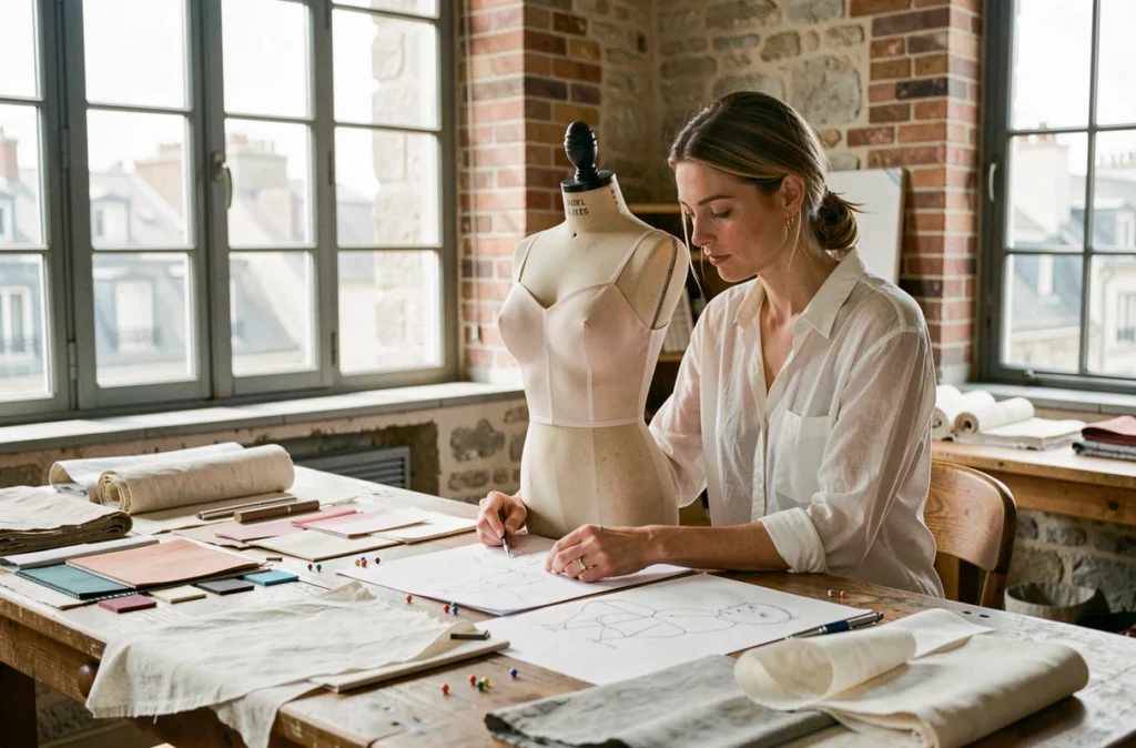Créatrice de mode concentrée dans son atelier parisien entourée de croquis et d'étoffes avec un mannequin de couture en arrière-plan